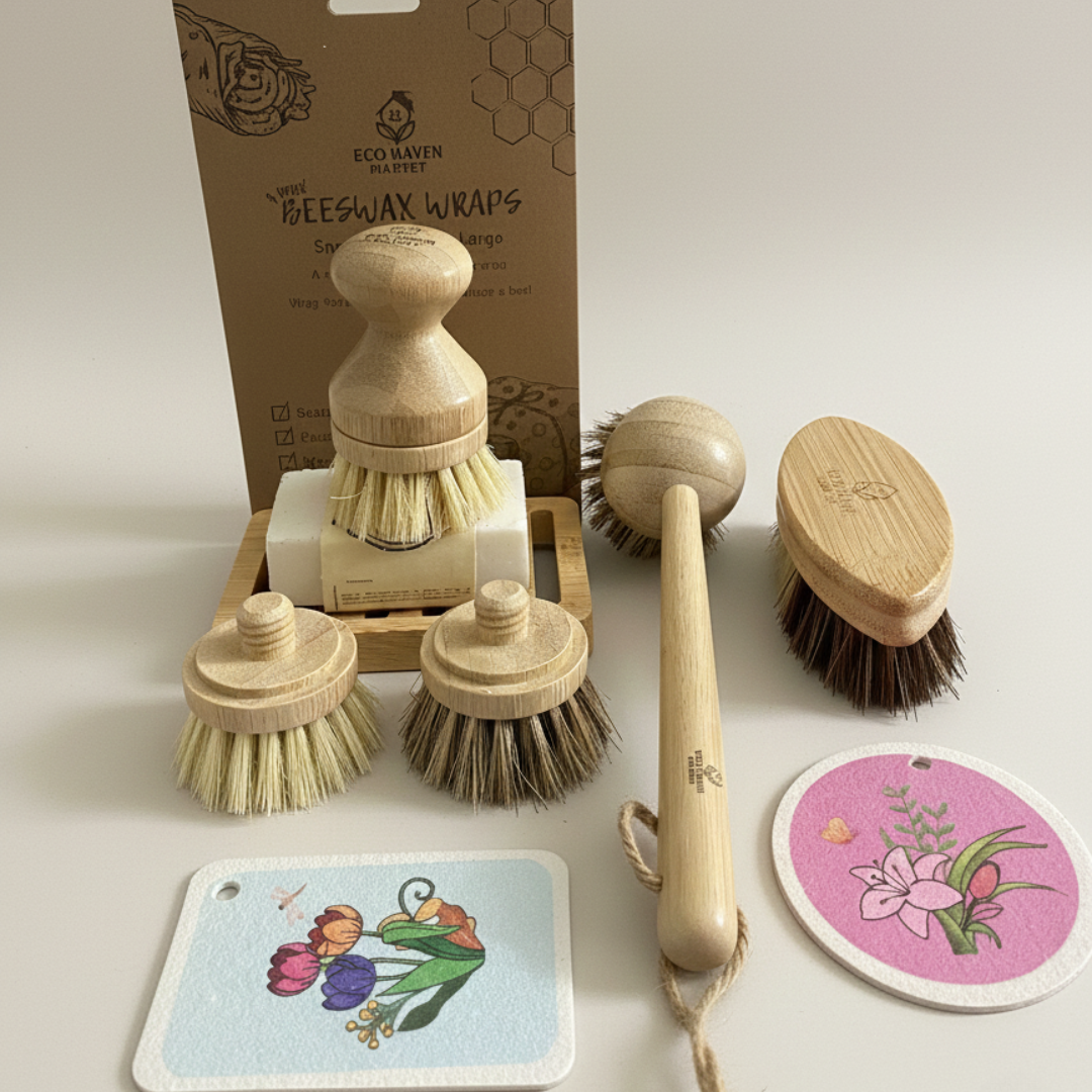 Set of wooden cleaning brushes and coasters on a light background with a branded box.