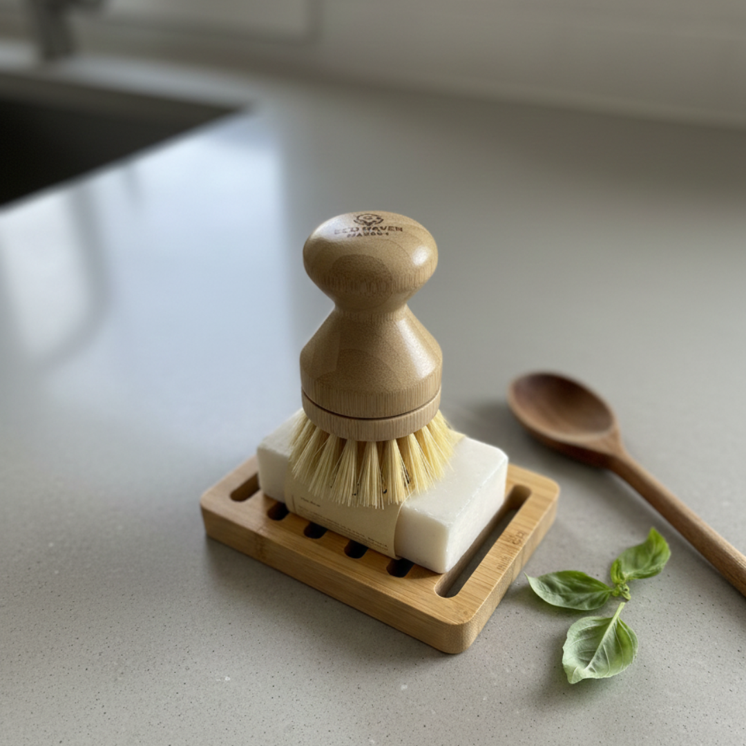 Kitchen scrubber with soap on a wooden stand on a kitchen counter.