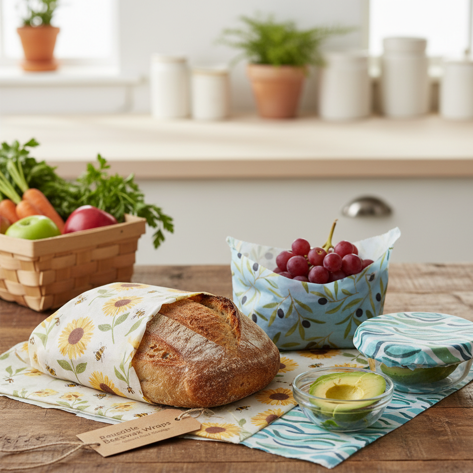 Bread wrapped in a reusable food wrap on a wooden table with fruits and vegetables.