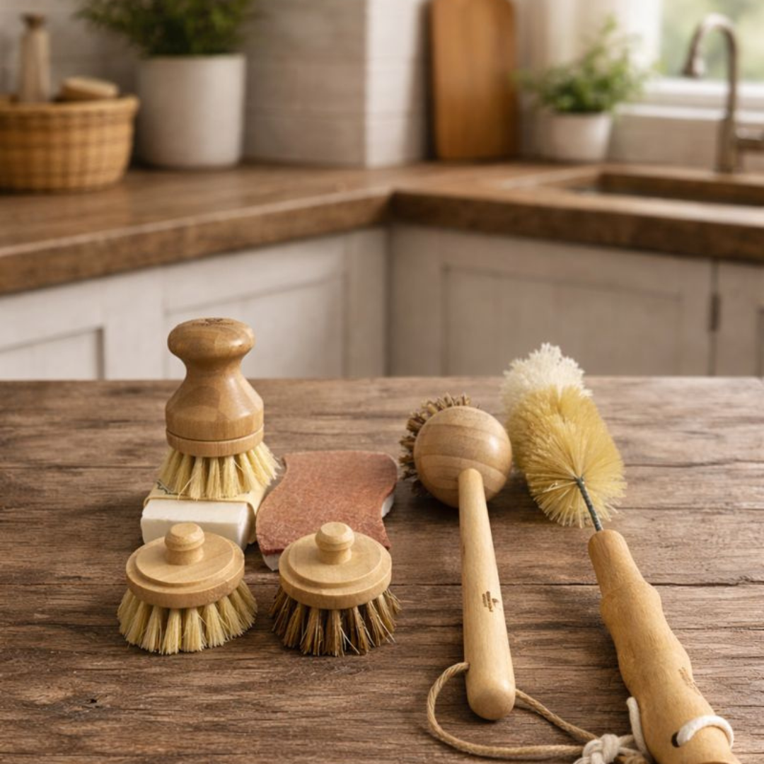 Set of wooden cleaning brushes on a kitchen counter