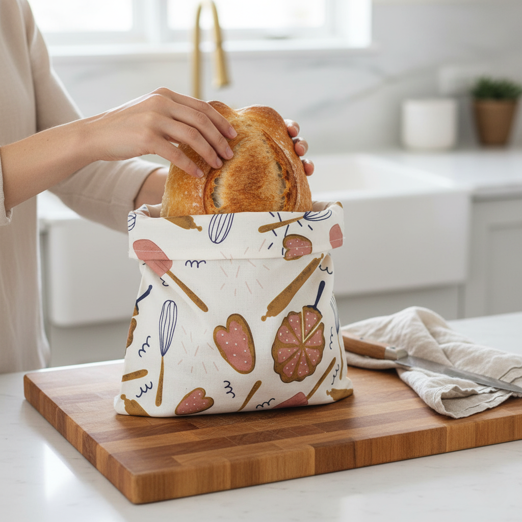 Person placing a sandwich into a patterned beeswax food bag lunch bag on a kitchen counter.