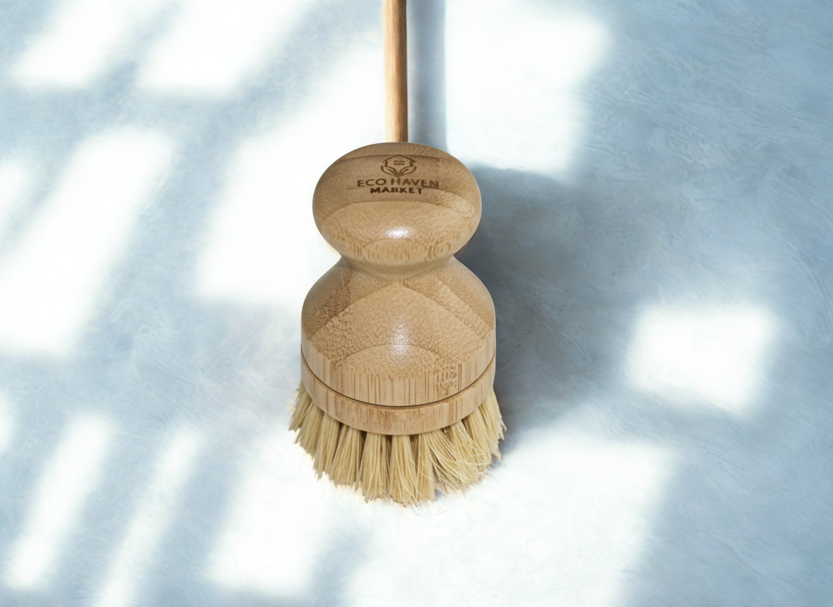 Wooden dish brush with bristles on a light background