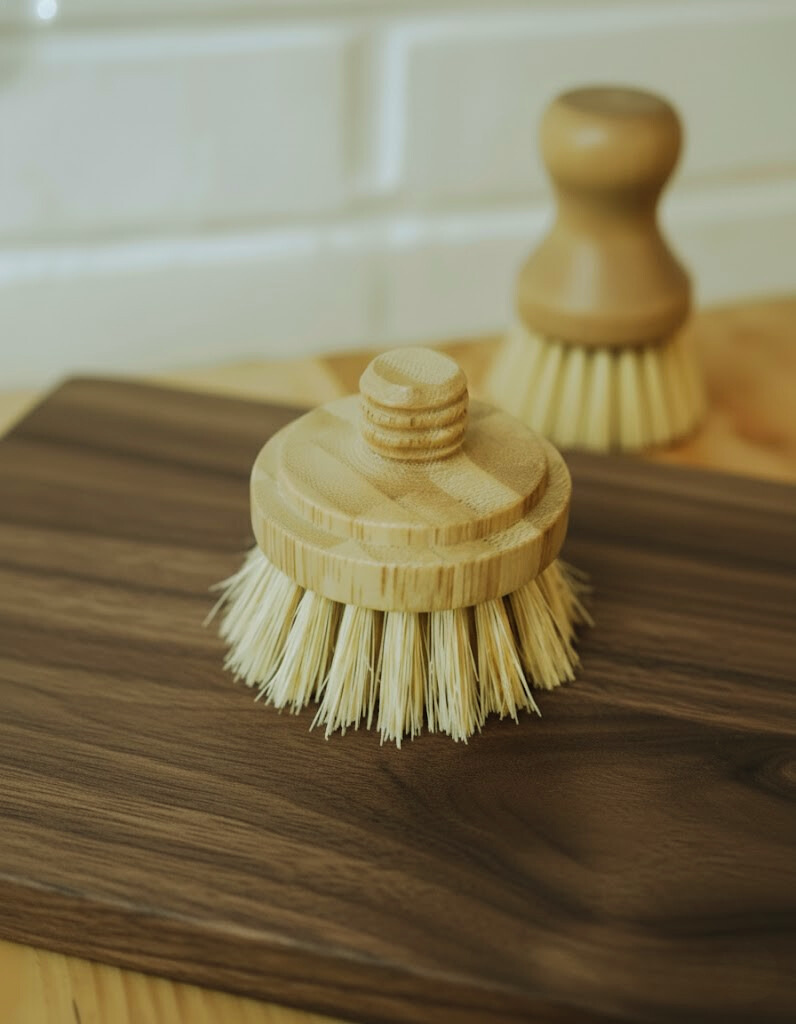 Two wooden dish brushes on a wooden surface with a blurred background