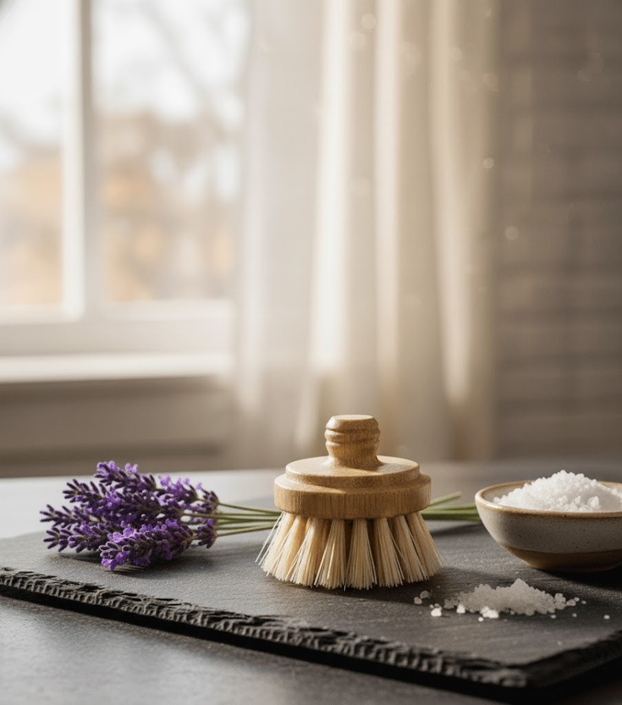 Wooden scrub brush with lavender and a bowl of salt on a dark surface.