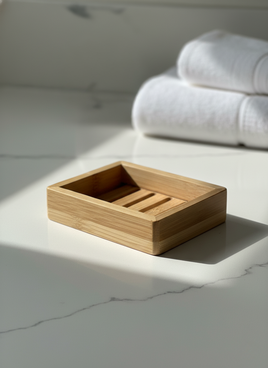 Bamboo soap dish on a marble surface with white towels in the background