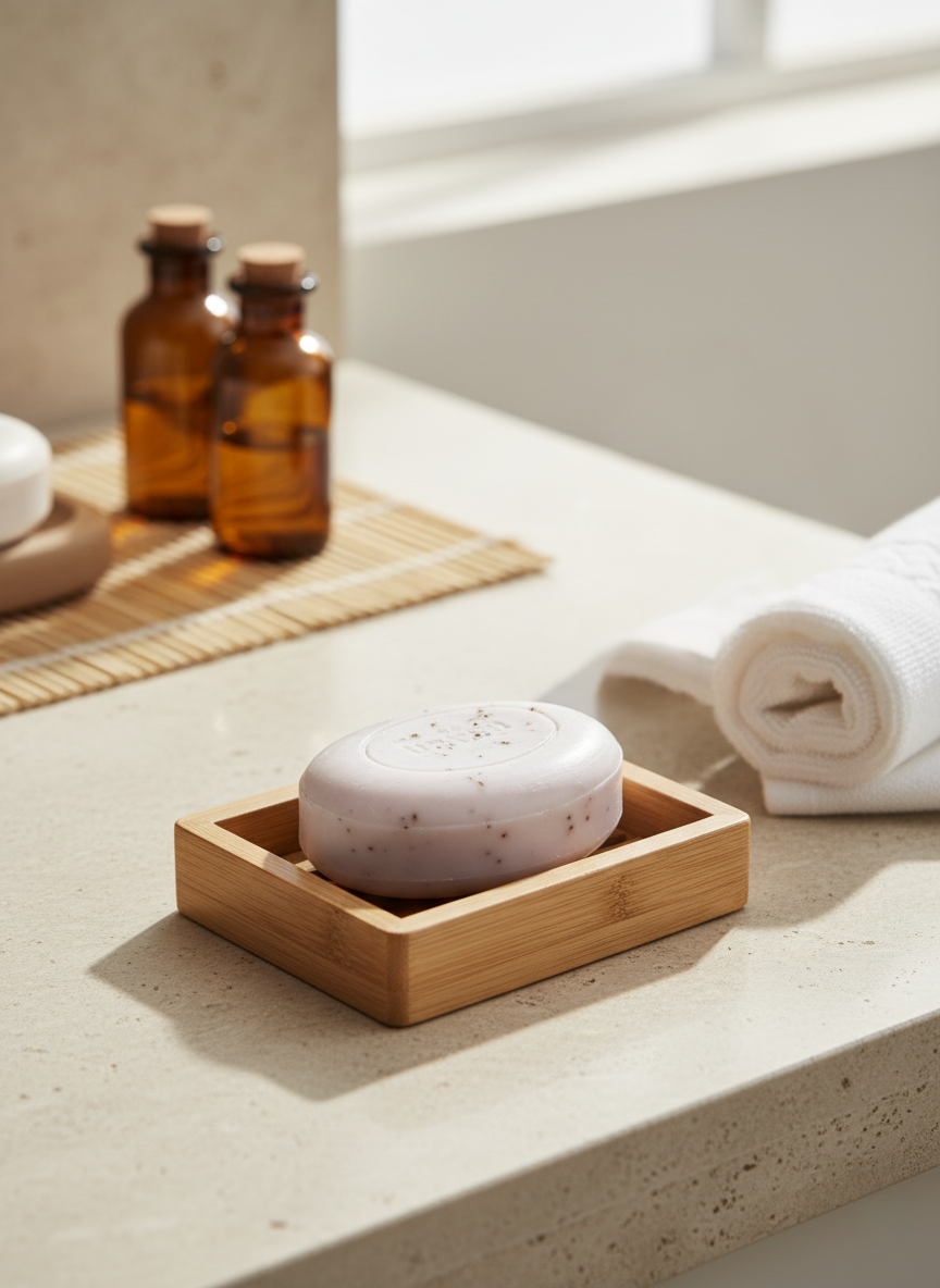 Soapstone bar in a wooden bamboo dish on a stone surface with bottles and towels in the background