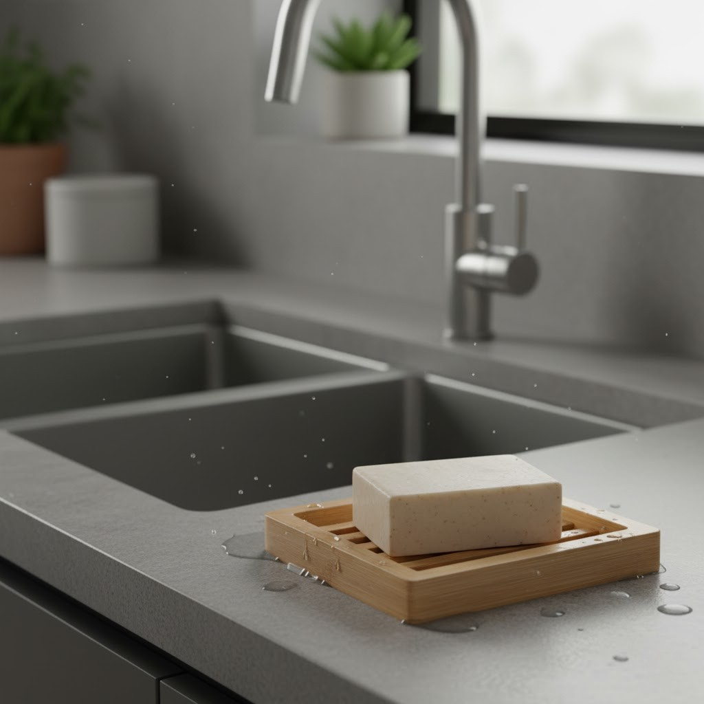 Bar of soap on a wooden soap dish in a modern kitchen setting