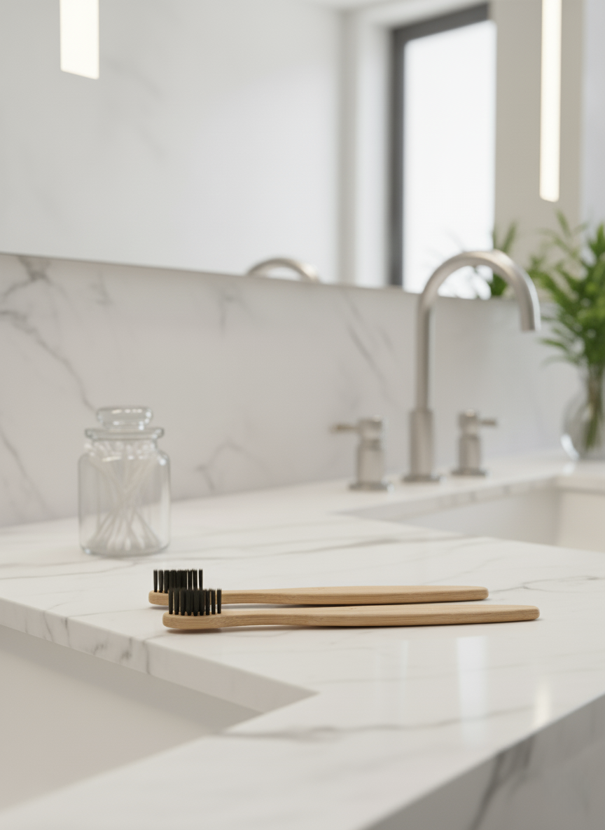Bathroom sink with marble countertop and modern fixtures with bamboo brushes