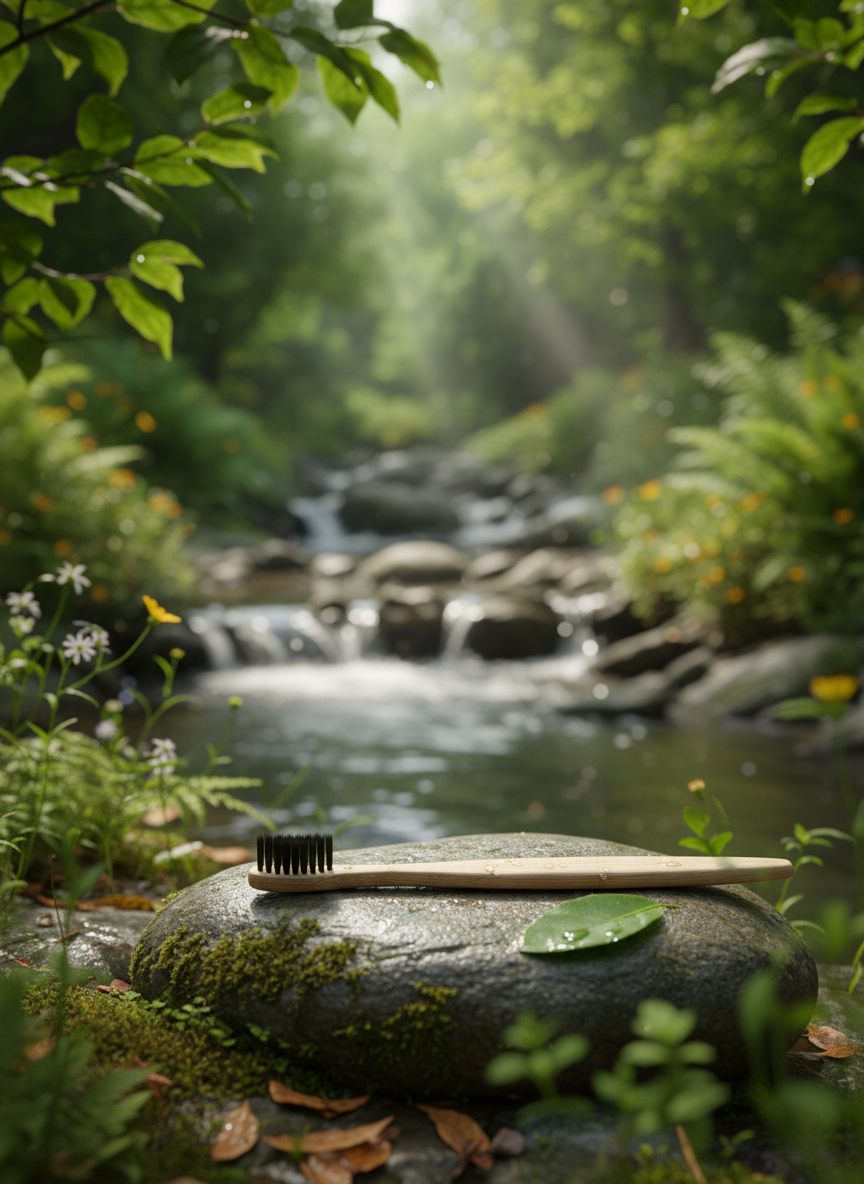 Bamboo toothbrush and wooden handle on a rock with a forest stream in the background