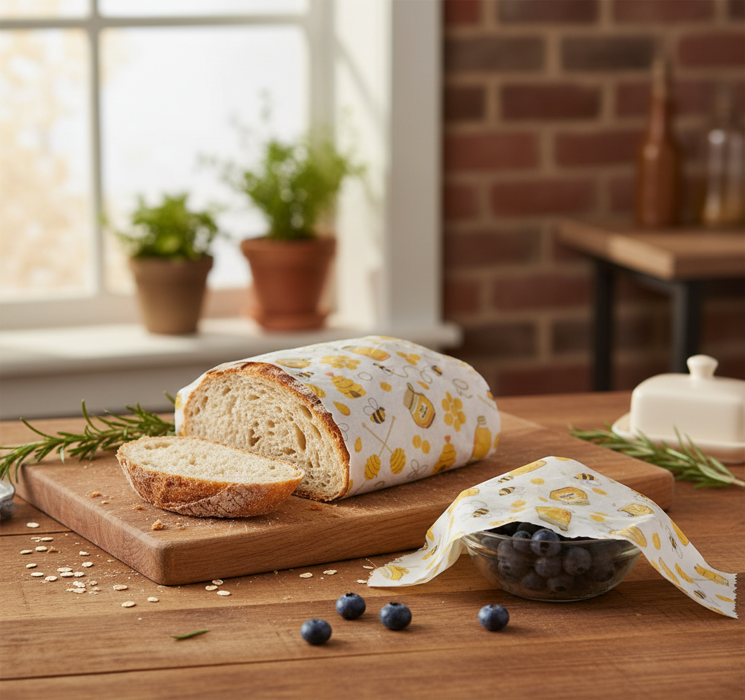 Loaf of bread covered in beeswax roll on a wooden cutting board with a beeswax wrap in a kitchen setting.