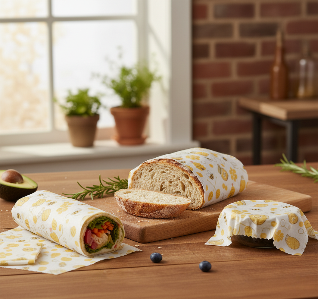Loaf of bread with a wrap on a wooden cutting board in a kitchen setting.