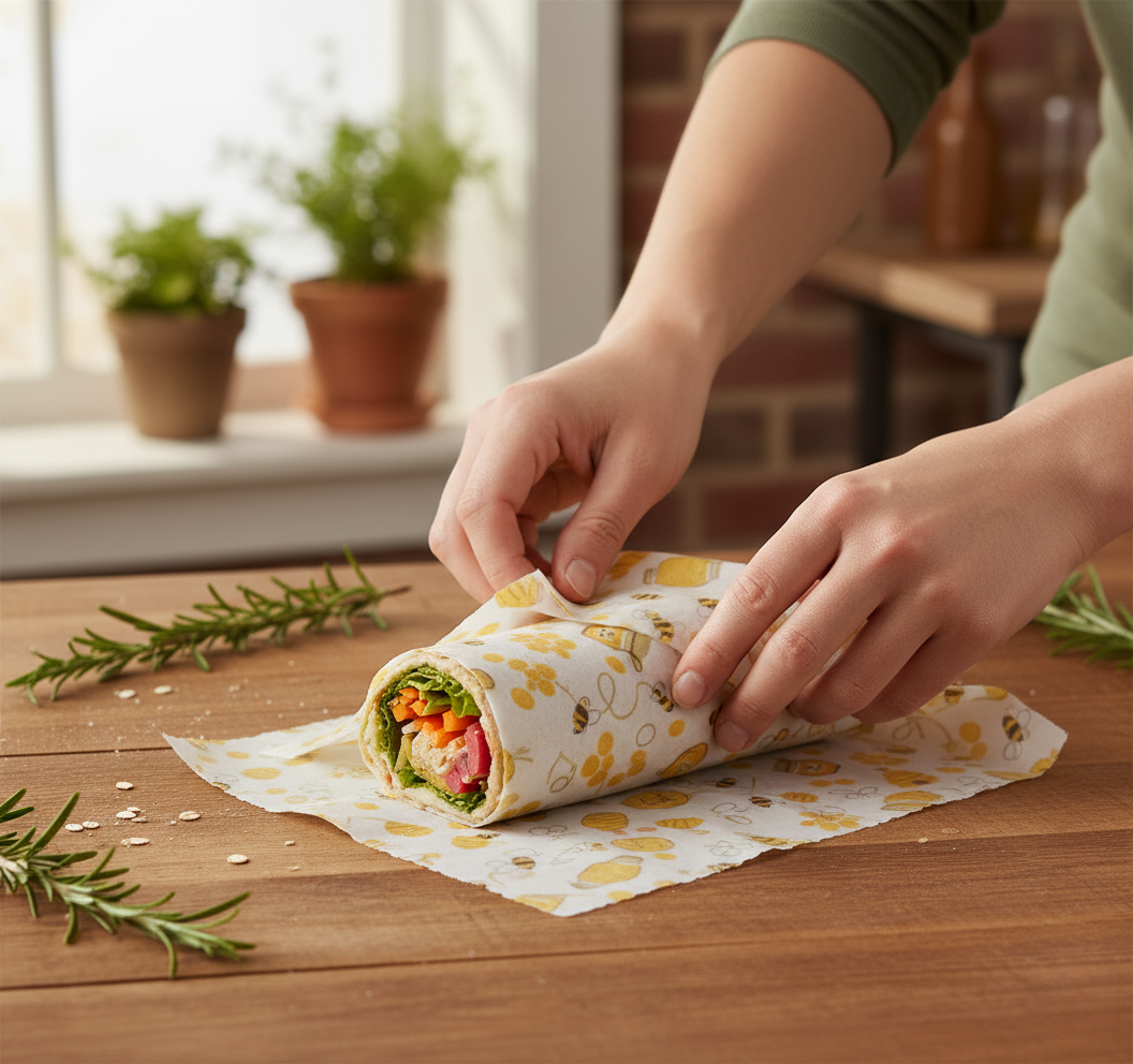 Person wrapping a salad wrap on a wooden table with a window and plants in the background