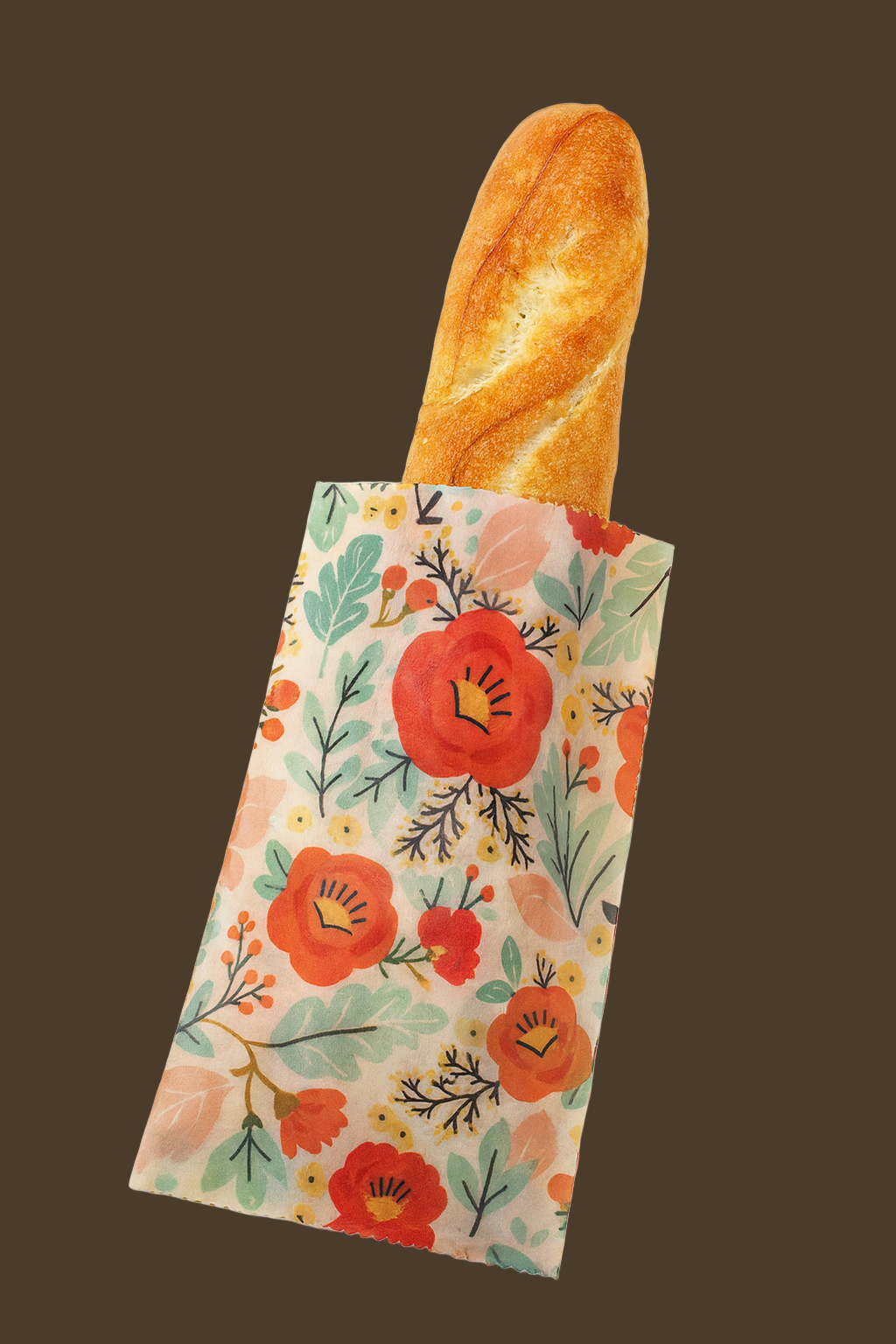 Floral-patterned bread bag with a loaf of bread on a white background
