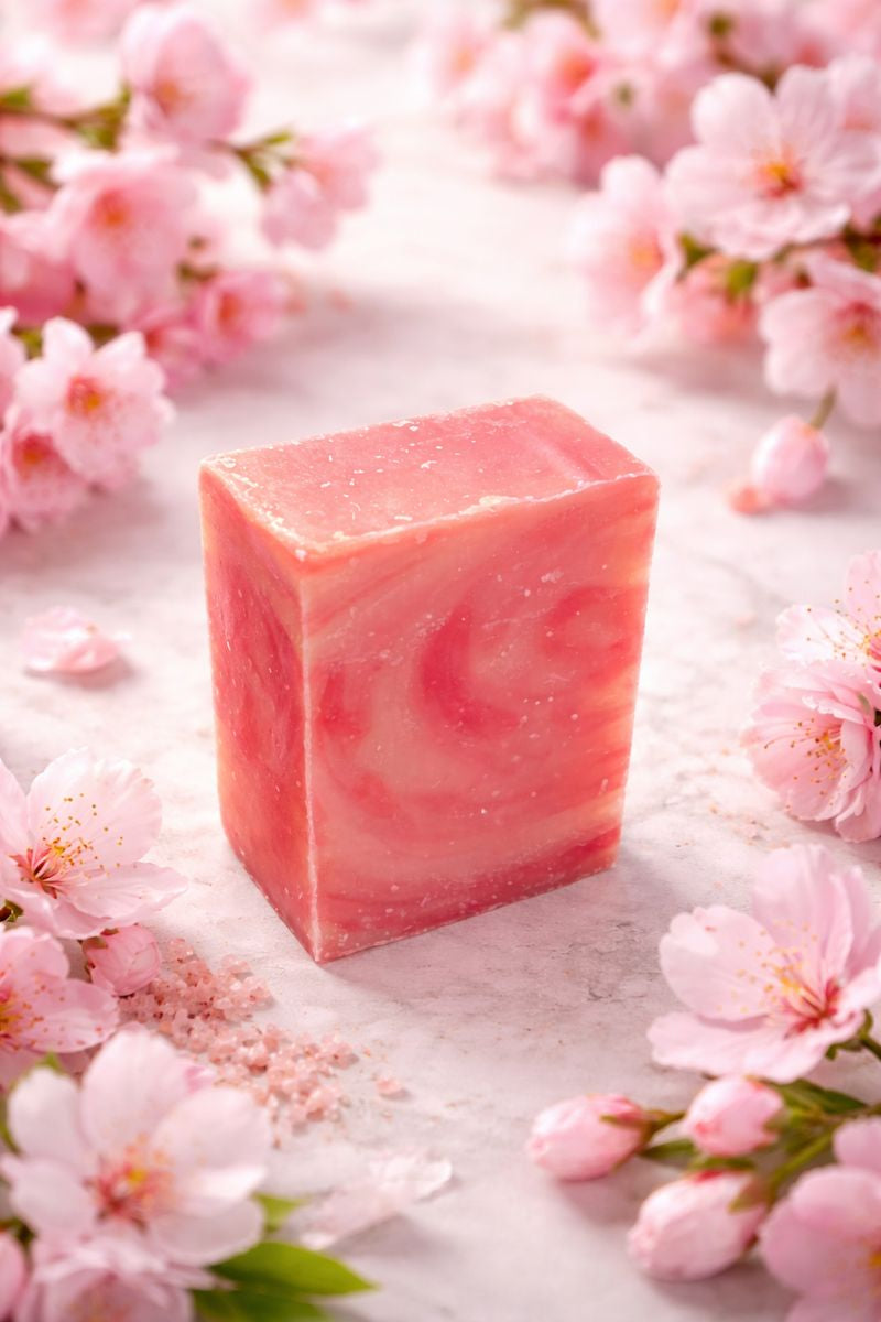 Cherry Blossom soap bar on a marble surface with cherry blossoms made in Canada