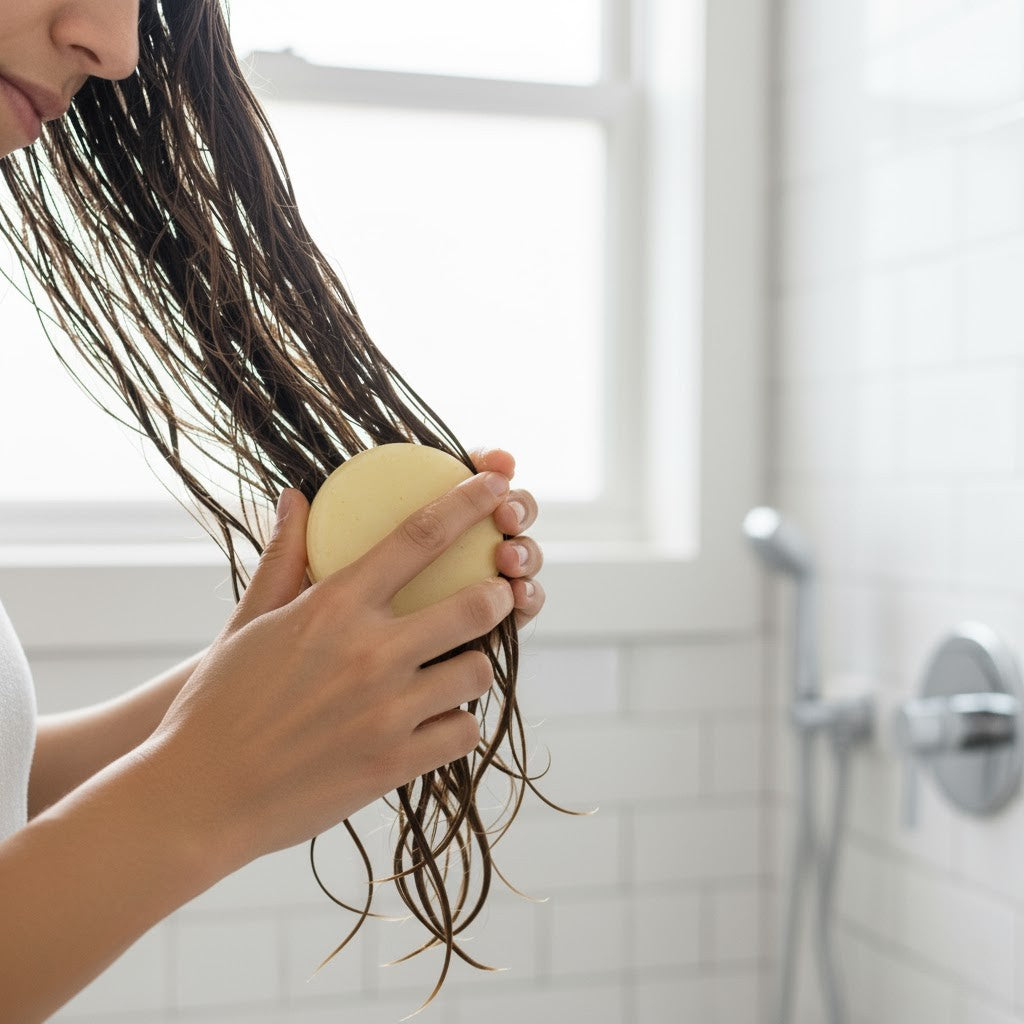 Person holding a Honey Coconut Bar with wet hair in a bathroom setting