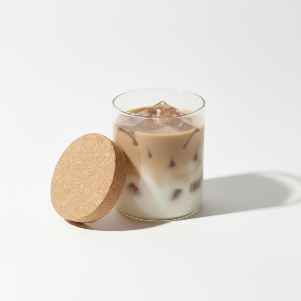 Candle Iced coffee with a wooden lid on a white surface