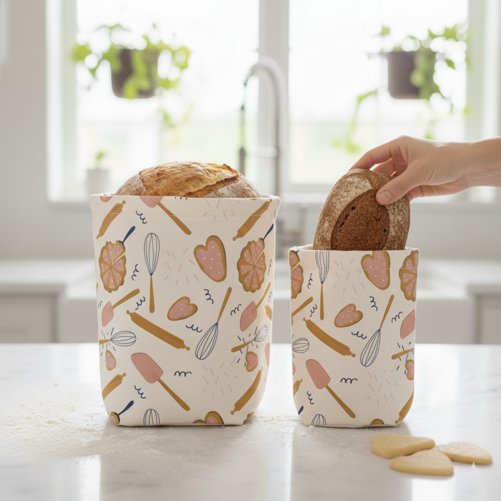 Two patterned bread beeswax bins with bread inside on a kitchen counter.