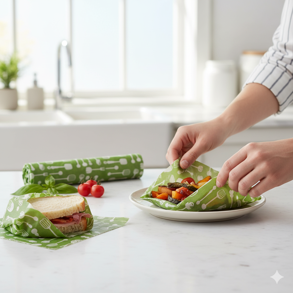 Person using a green wrap to cover food on a plate in a kitchen setting