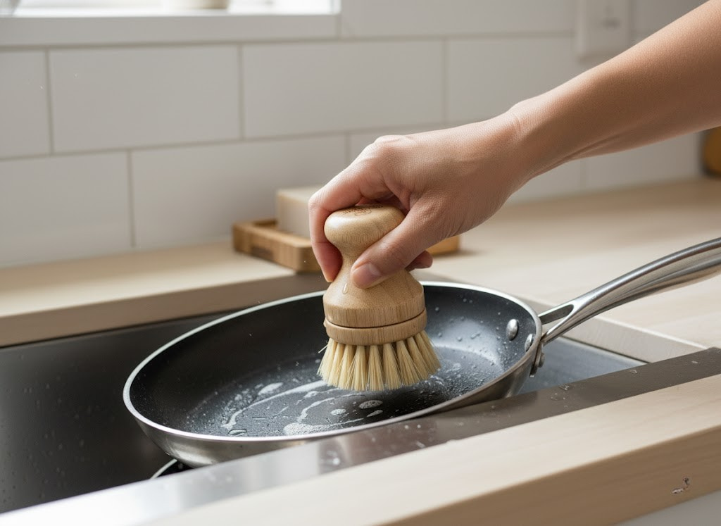 Person cleaning a frying pan with a brush in a kitchen setting
