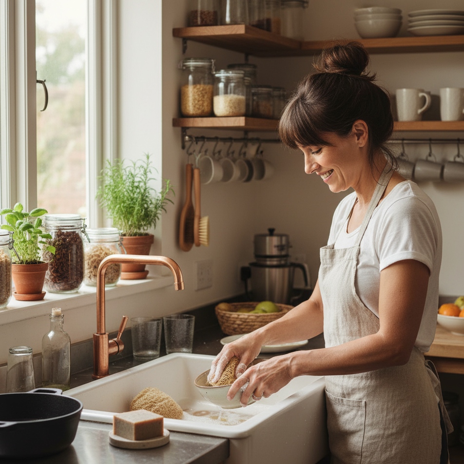 Woman washing dishes in a kitchen with plants and shelves in the background