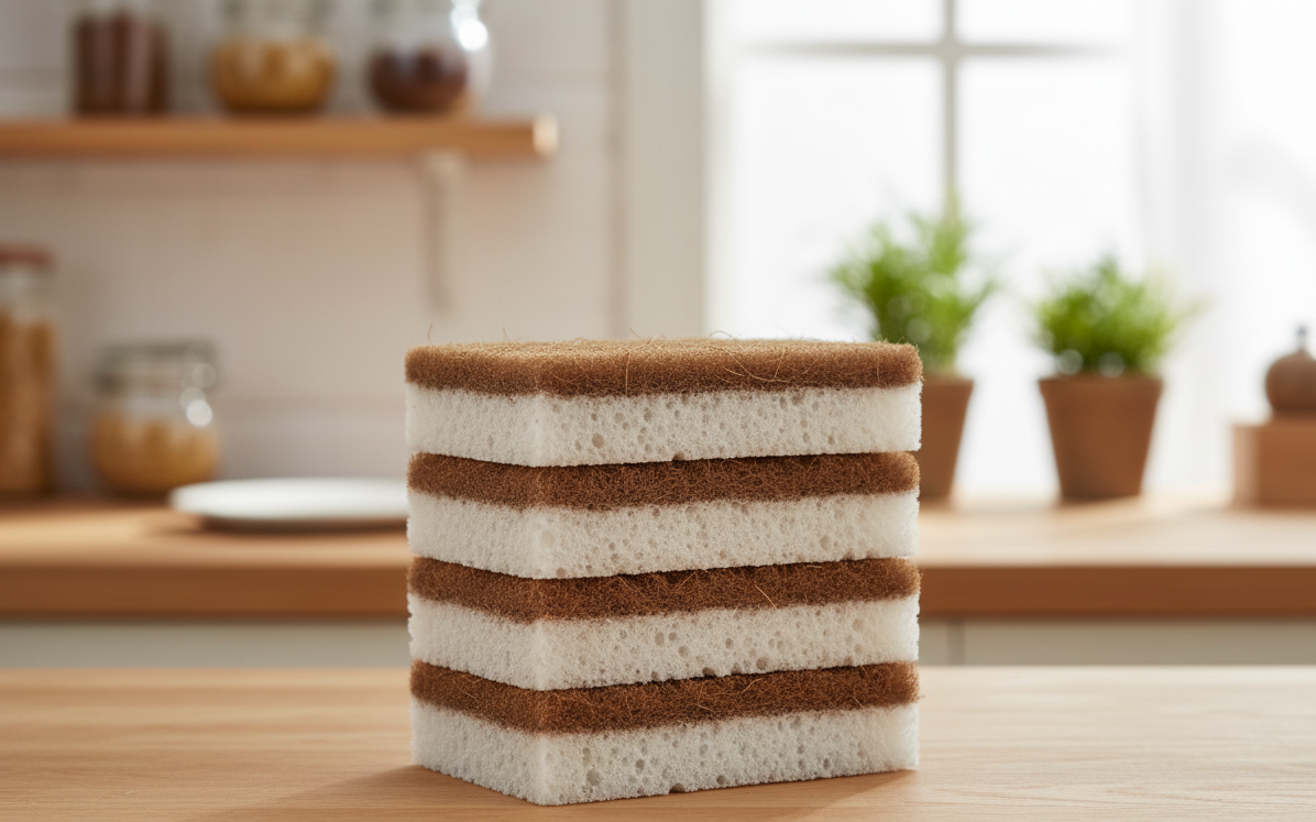 Stack of brown and white layered scrubbers on a wooden surface with a kitchen background
