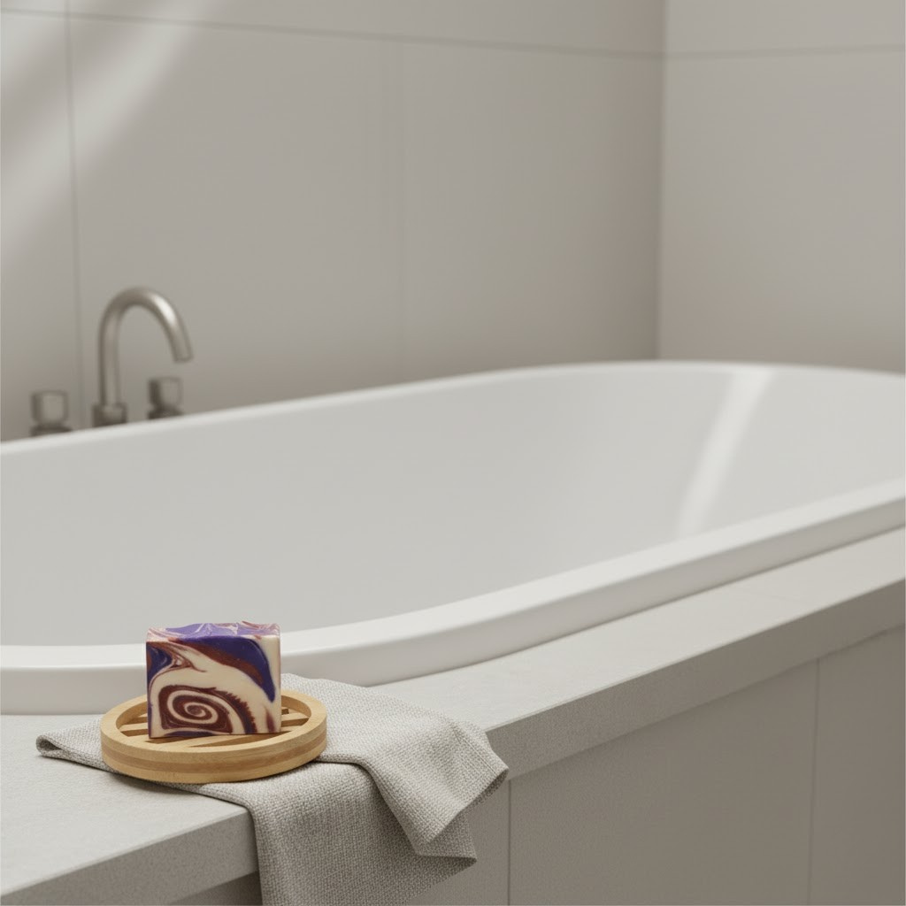 White bathtub with a Dragon Blood Soap on a wooden tray in a bathroom setting