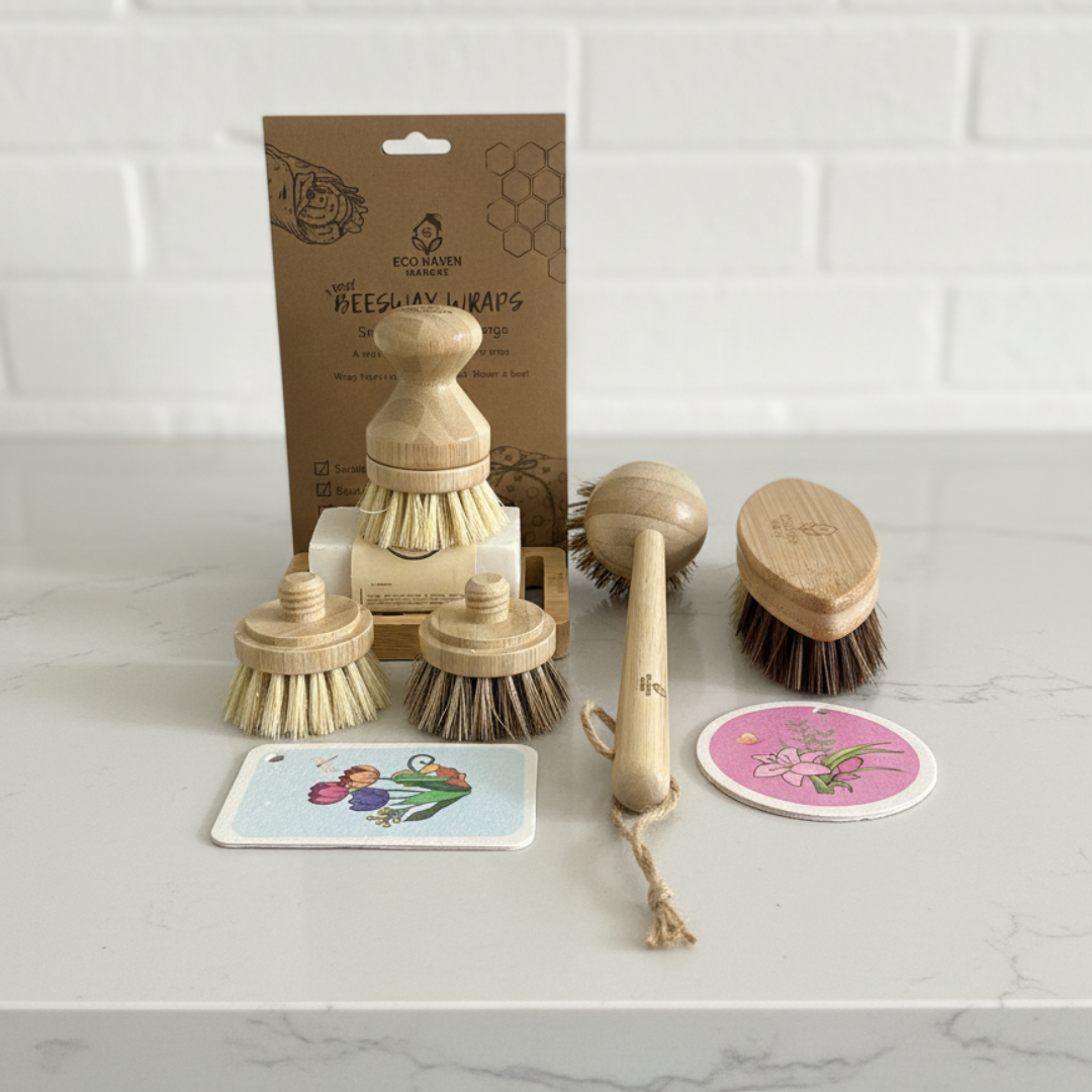 Set of wooden cleaning brushes and a package on a white surface with a white tiled background