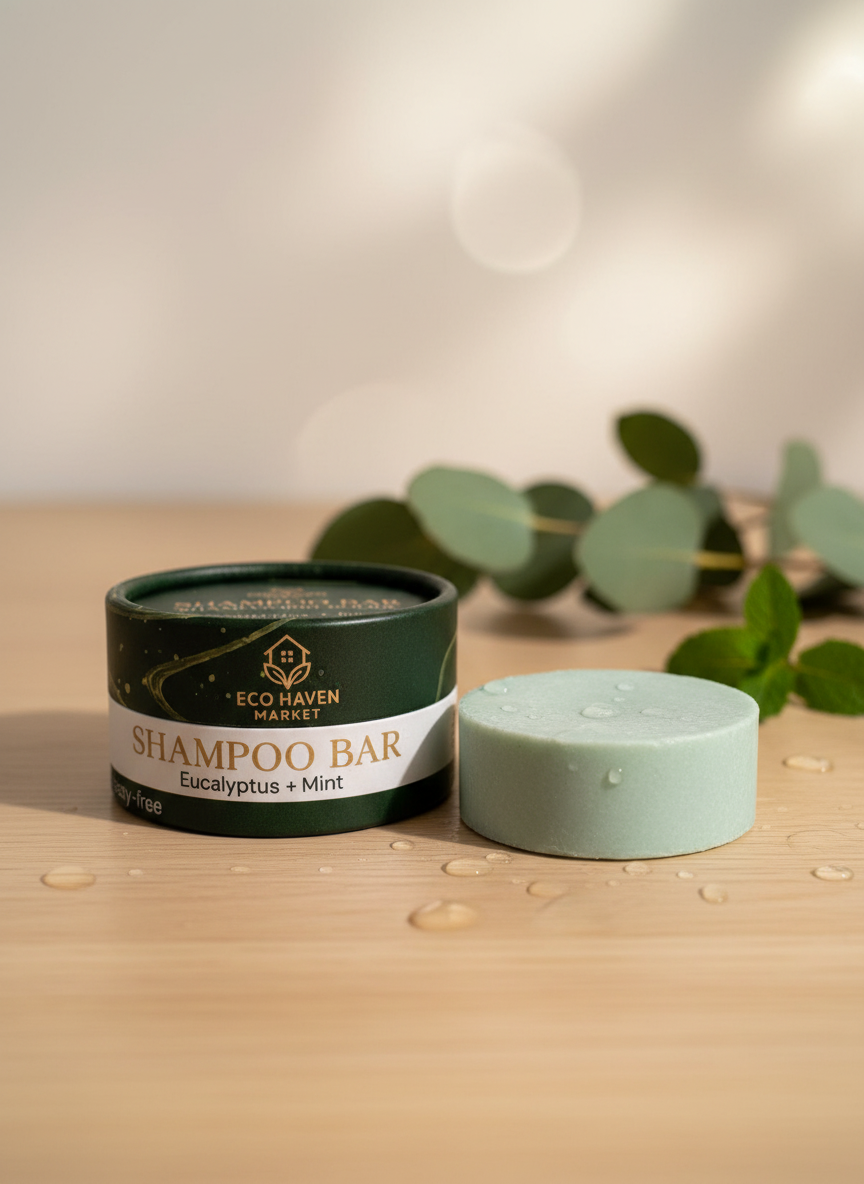 Shampoo bar with packaging on a wooden surface with eucalyptus leaves.