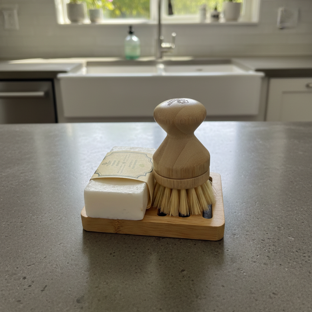 Bamboo dish brush and soap on a kitchen counter