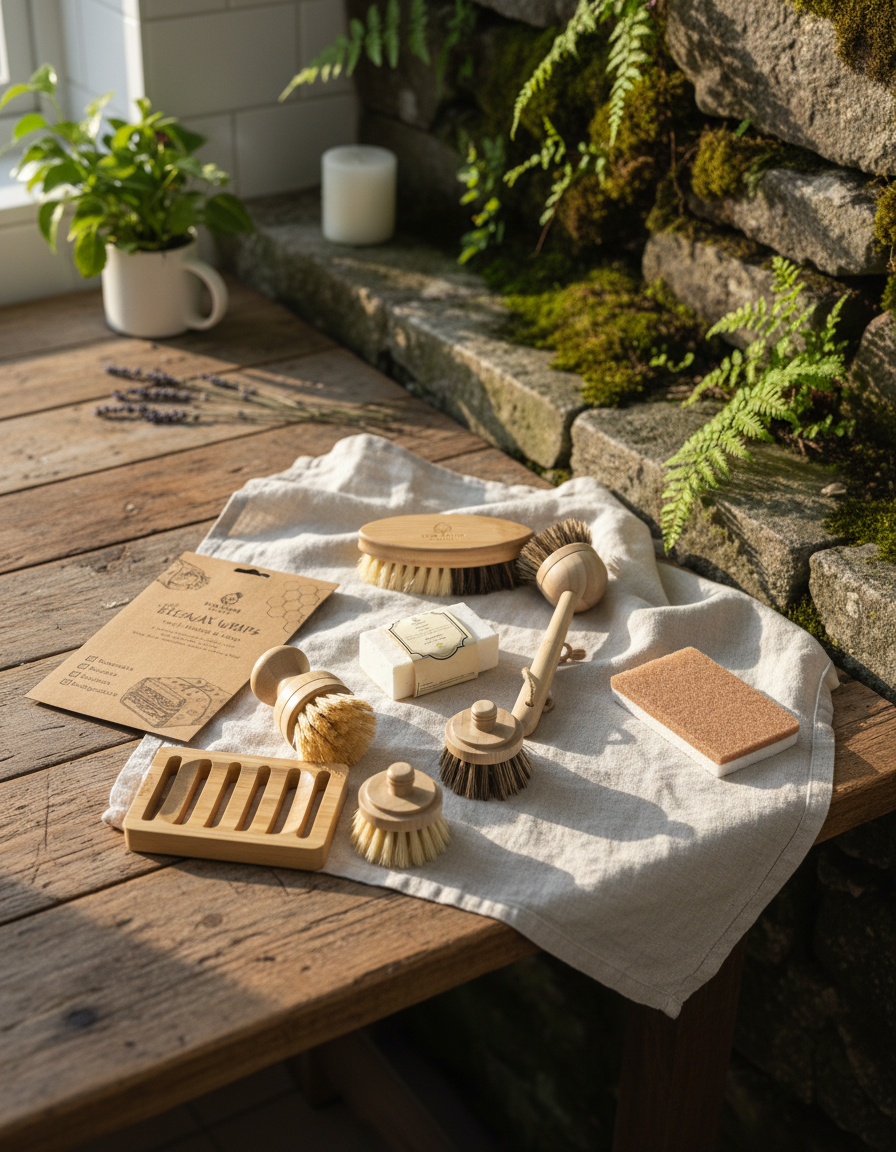 Set of natural cleaning brushes and soap on a towel with plants and candles in the background.