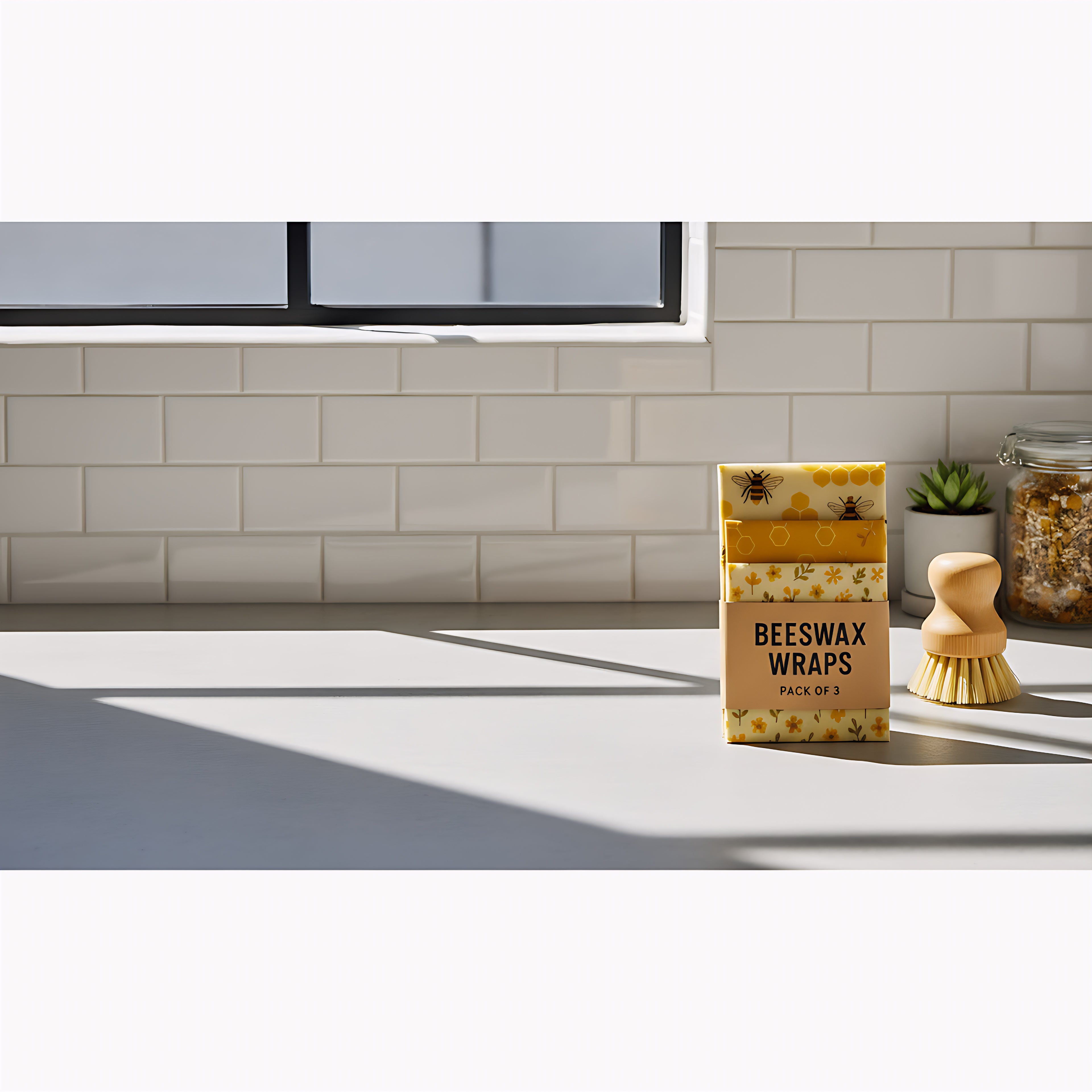 Box of Beeswax Wraps on a kitchen counter with a tiled wall in the background