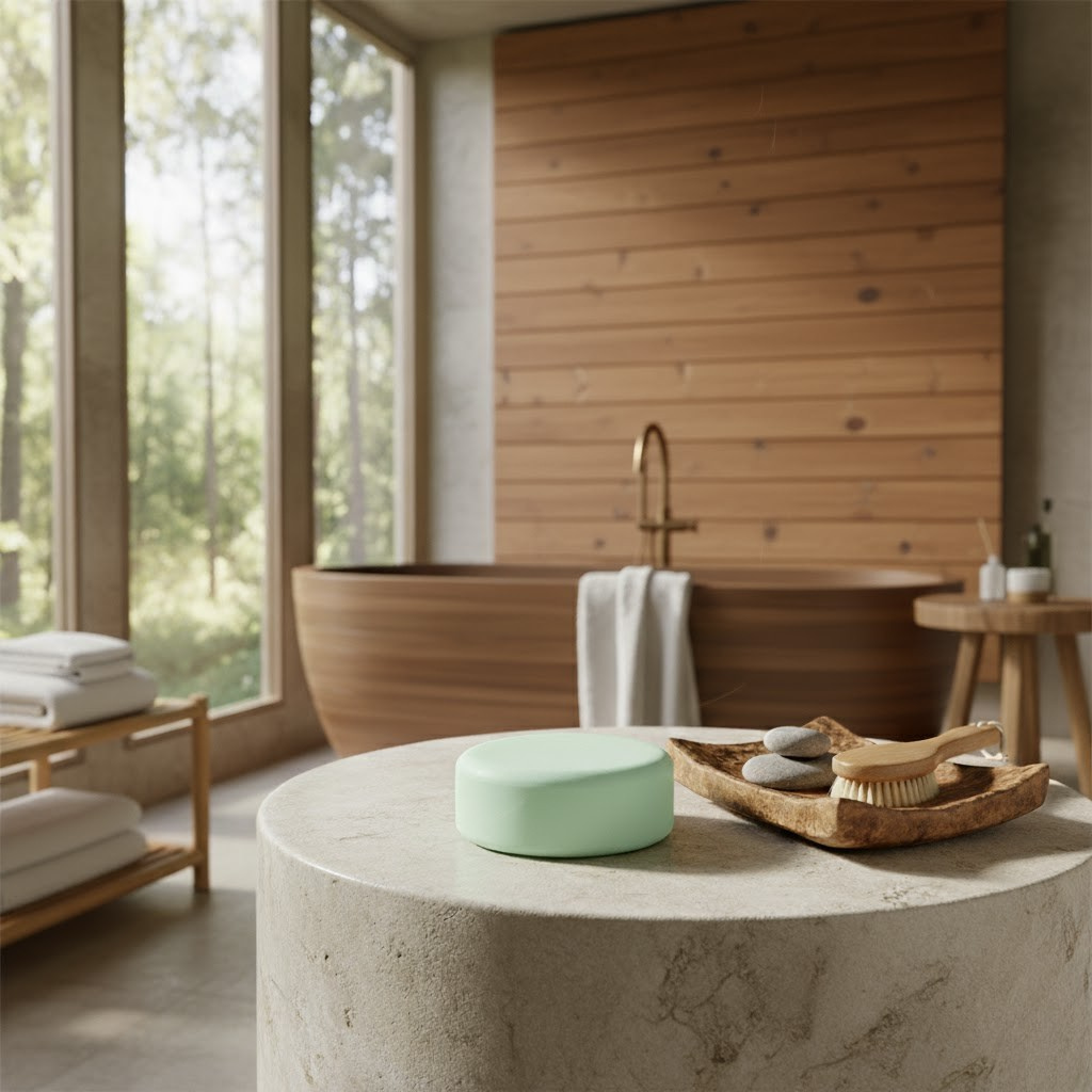 Modern bathroom with wooden bathtub, stone tray, and Eucalyptus Mint Conditioner Bar on a concrete surface.