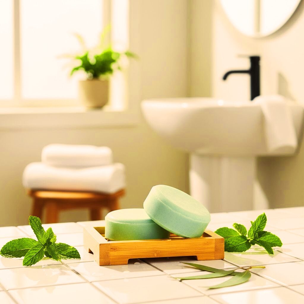 Eucalyptus Mint Bars on a wooden soap dish with mint leaves in a bathroom setting.