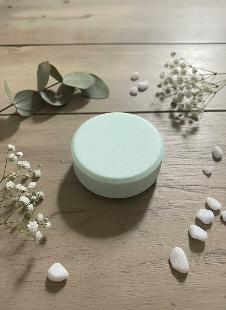 Eucalyptus and Mint Shampoo Bar on a wooden surface with small stones and flowers