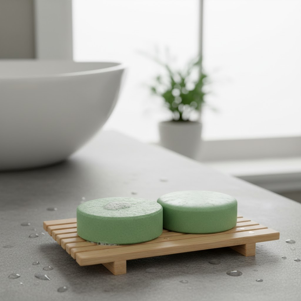Eucalyptus Mint Bars on a wooden soap dish with a blurred bathroom background.
