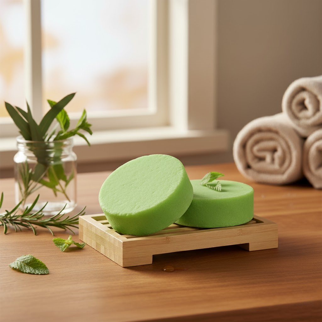 Eucalyptus Mint Bars on a wooden tray with a plant and towels in the background.
