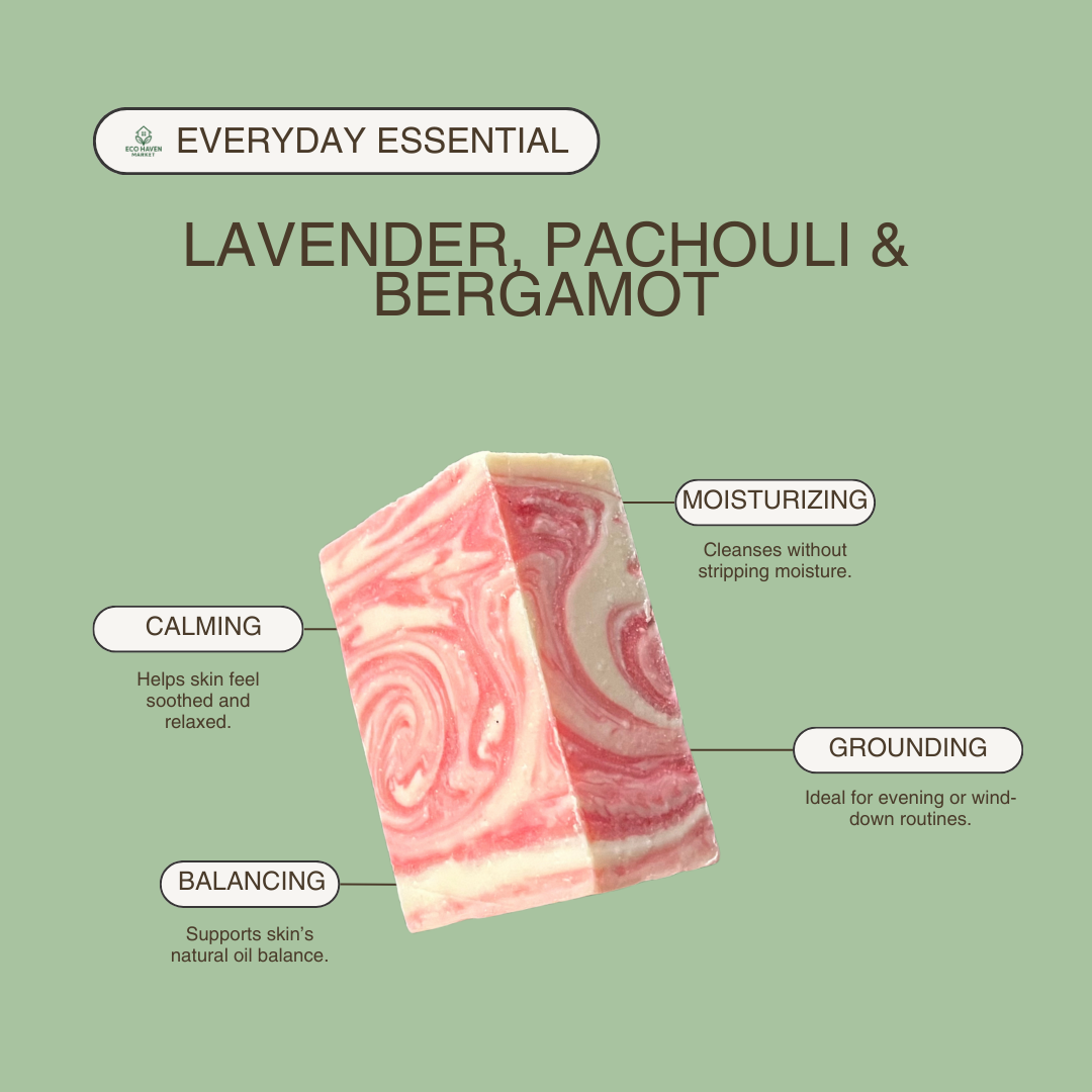 Lavender Pachouli and Bergamot soap bar with text describing its benefits on a green background