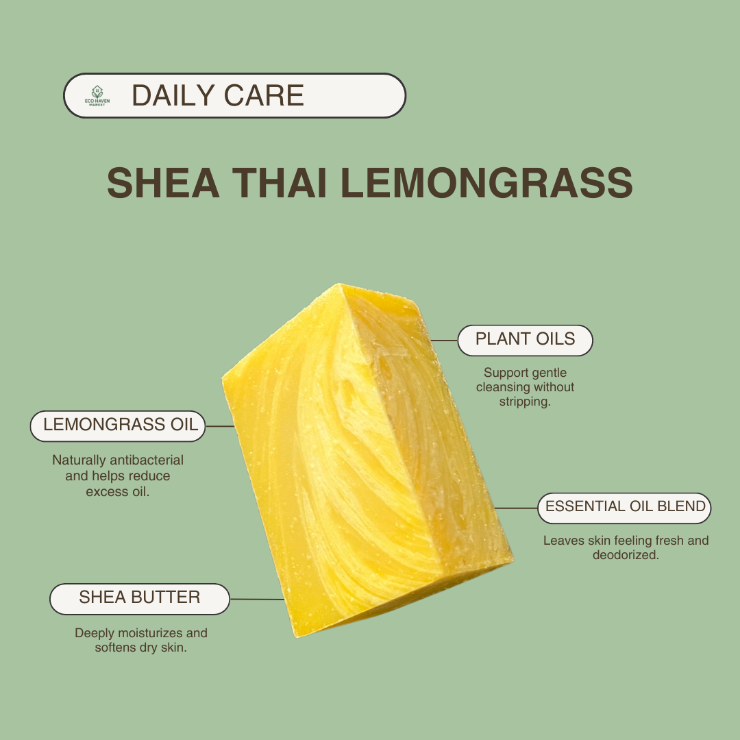 Shea Thai Lemongrass soap with text detailing its ingredients and benefits