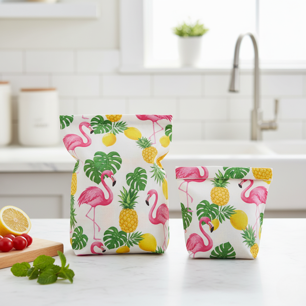 Beeswax fabric storage bins with flamingo and pineapple pattern on a kitchen counter.