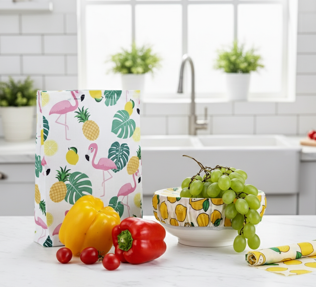 Colorful kitchen beeswax food bags with flamingo and pineapple pattern on a kitchen counter with fruits.