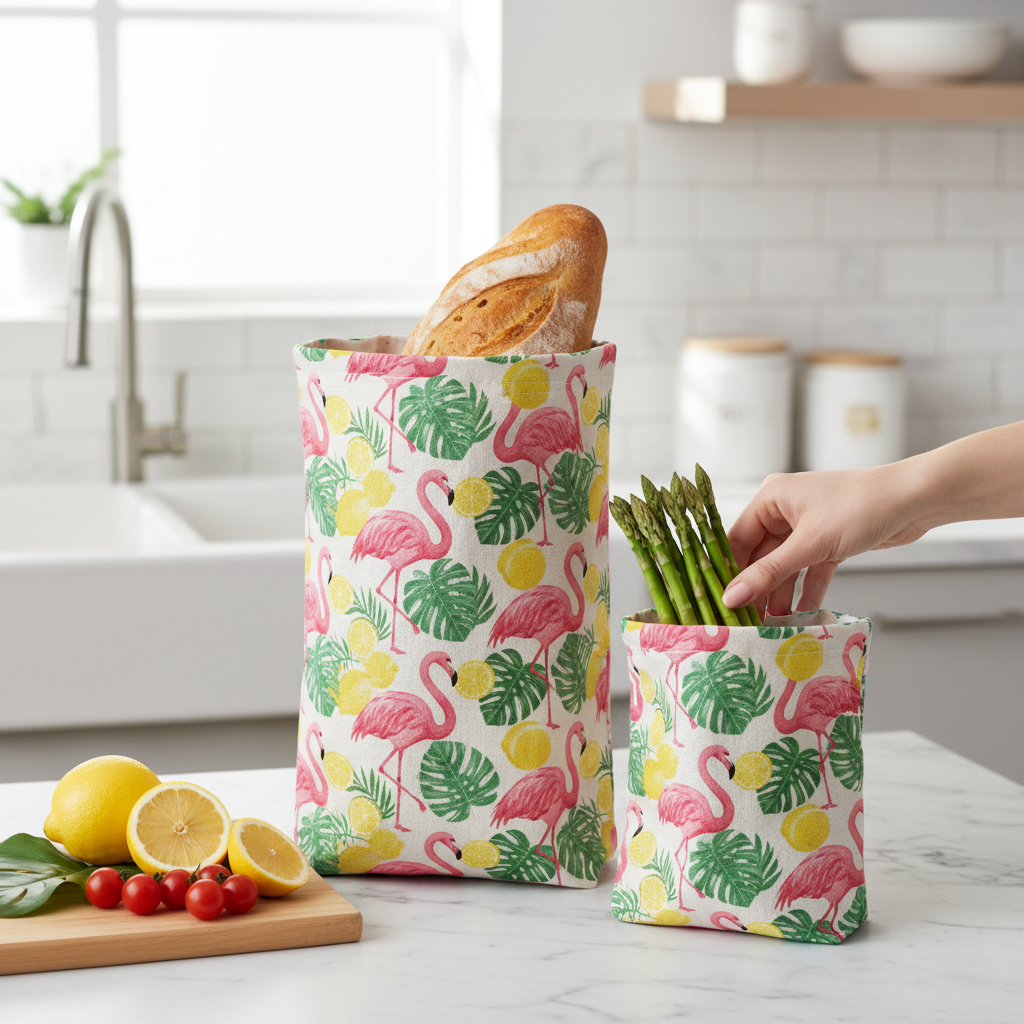 Kitchen scene with flamingo-patterned containers holding bread and asparagus, surrounded by lemons and berries.