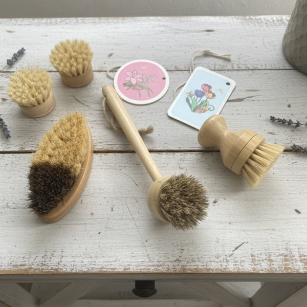 Set of natural bristle brushes on a wooden surface with decorative cards.