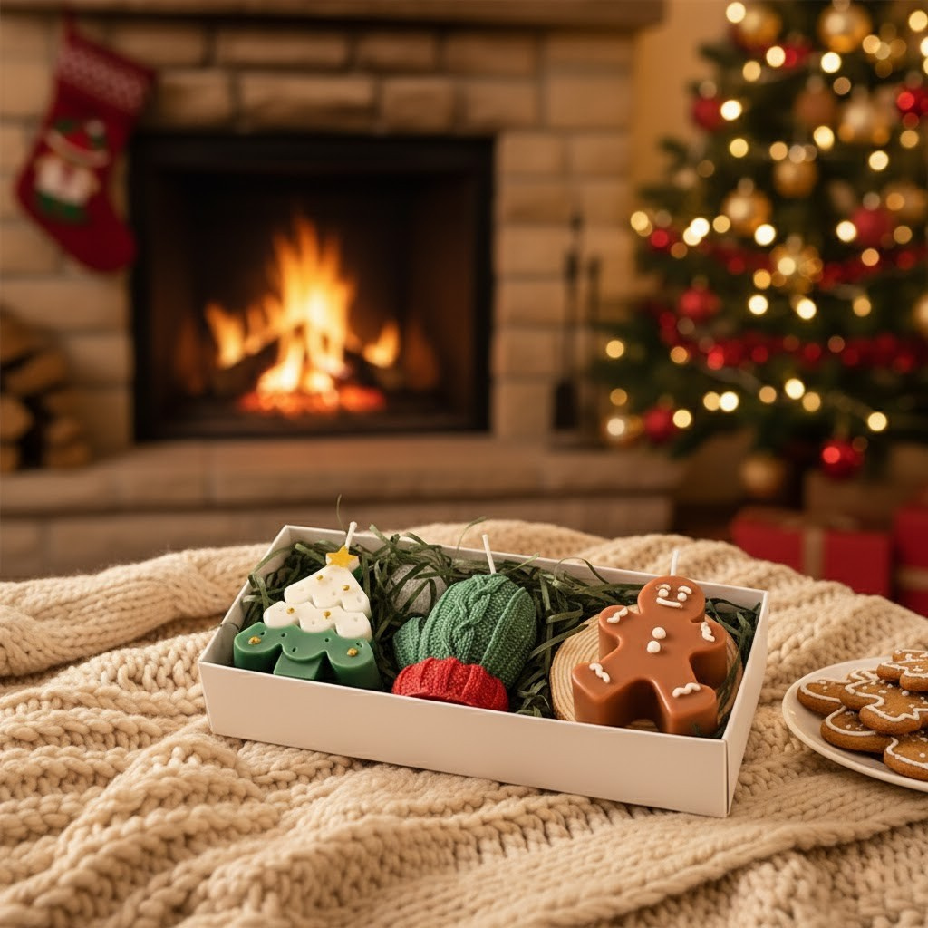 Decorative candles shaped like Christmas trees, gingerbread men, and a snowman on a blanket with a fireplace and tree in the background.