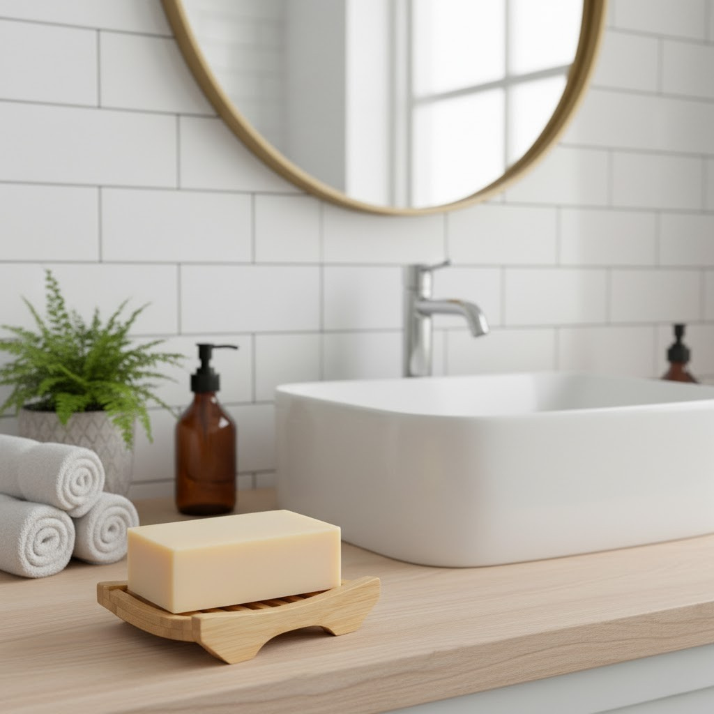 Bar of honey soap on a wooden soap dish with a sink and mirror in the background