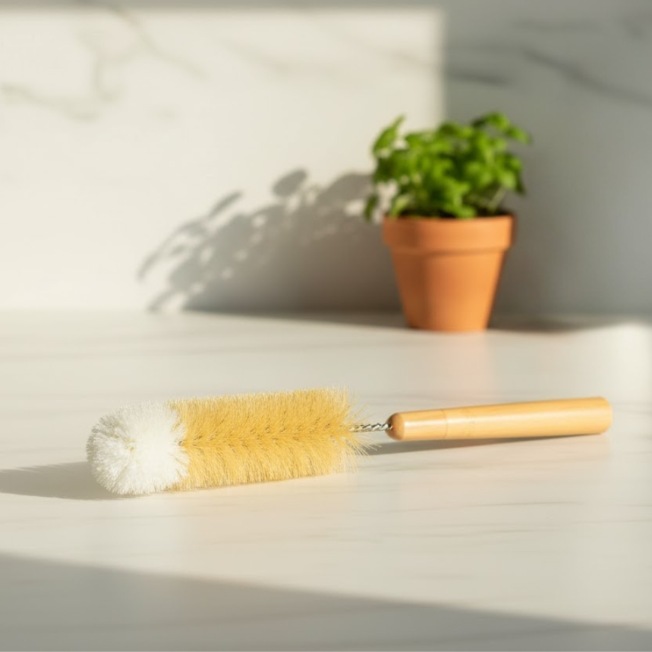 Bottle Cleaning brush with natural bristles on a light surface with a plant in the background