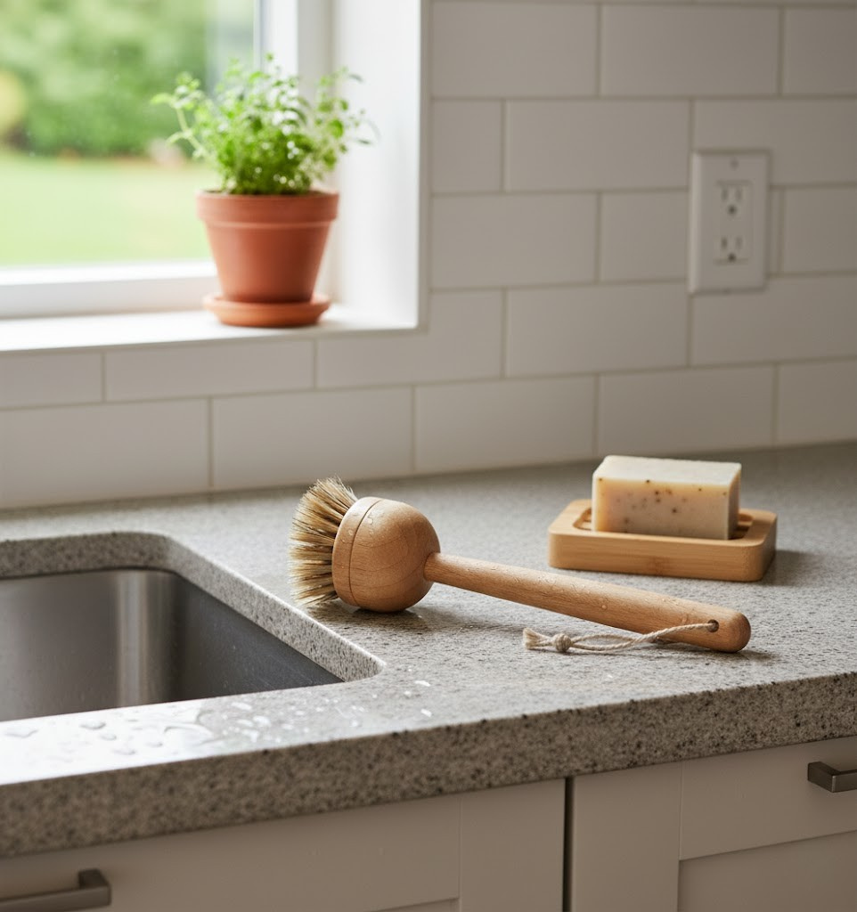 Wooden dish brush and soap on a kitchen counter with a window and plant in the background.