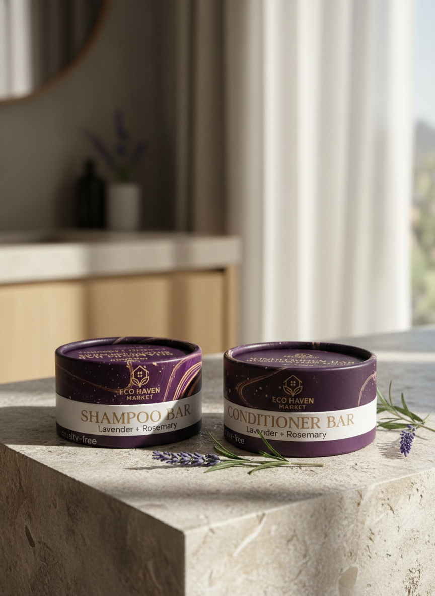 Two shampoo and conditioner bars on a stone surface with a blurred background