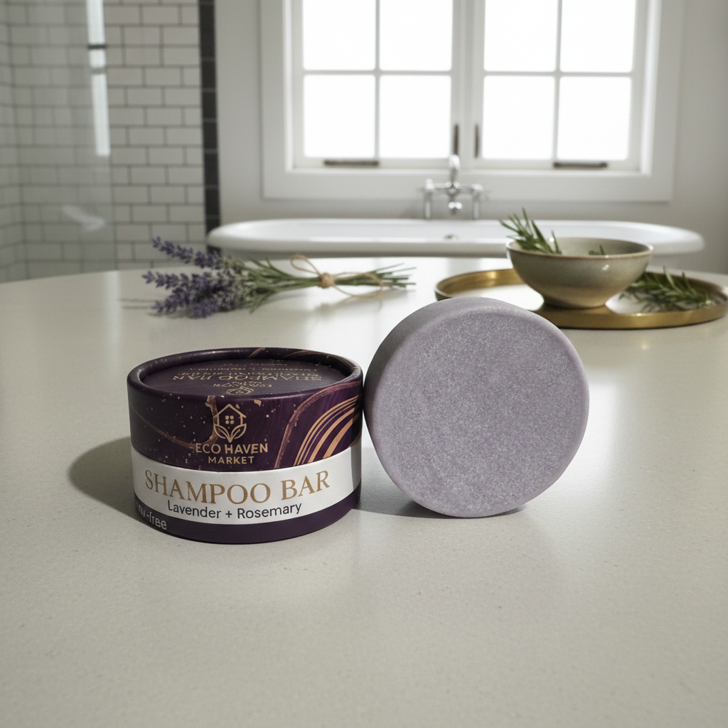 Shampoo bar and packaging on a bathroom counter with a bathtub and window in the background.