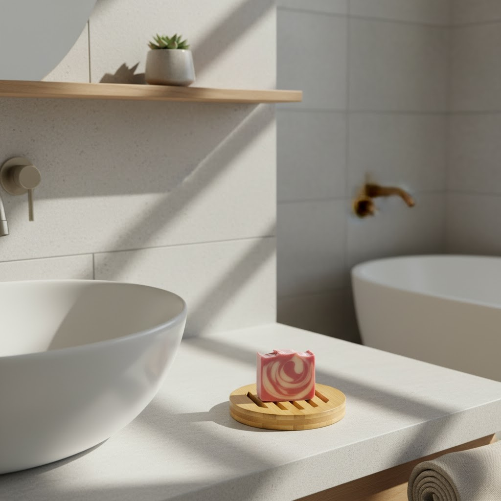 Bathroom setting with a white sink, wooden shelf, and soap on a bamboo dish.
