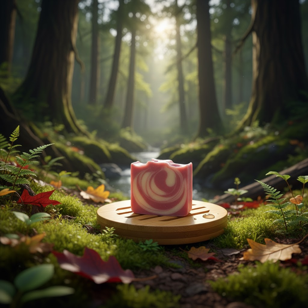Lavender Bergamot Soap on a wooden stand in a mystical forest with sunlight filtering through the trees.